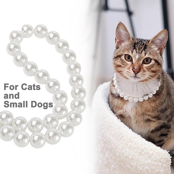Chunky Pearl Dog Collar(0.55 Inch) for Small Dogs Cats, Adjustable Beaded Dog Collar Imitation White Pearls, Elegant Dog Jewelry Girl Accessories for XS Extra Small Dogs Necklace.