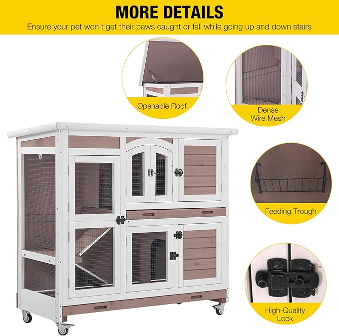 Aivituvin Bunny Cage Rabbit Hutch Indoor Rabbit House with Wheels Outdoor Guinea Pig House with Two Plastic Tray (Brown)