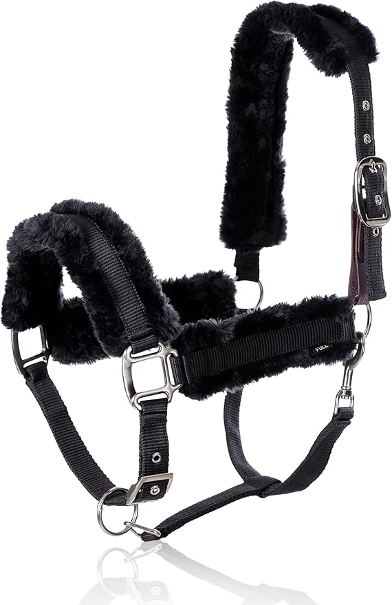 Equinavia Valkyrie Ultra Fleece Breakaway Horse Halter | Padded Fleece Adjustable Safety Halter with Nylon Webbing - Black/Black - Cob