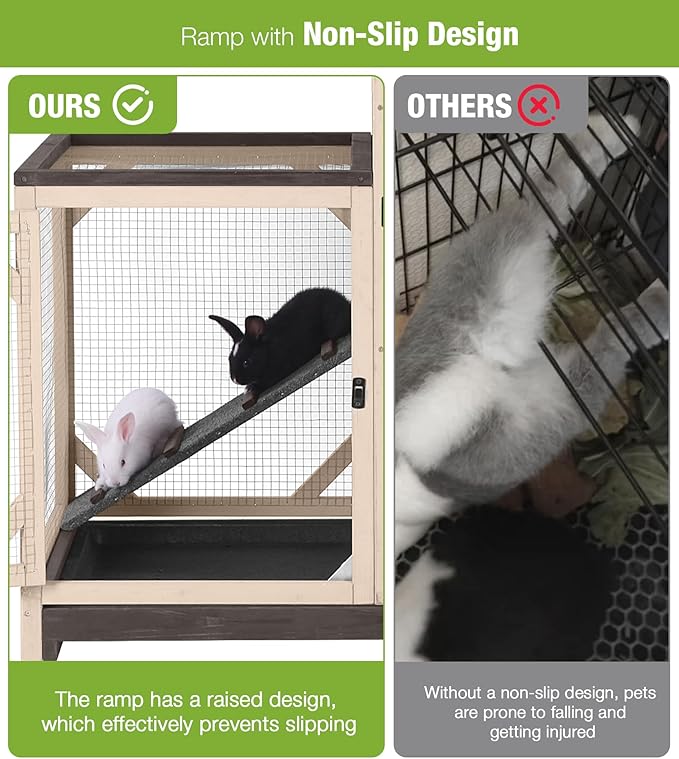 GUTINNEEN Rabbit Hutch Indoor and Outdoor, Rabbit Cage on Wheels with 2 Deep Pull Out Trays, Wooden Bunny Cage with Non-silp Ramp and Sliding Door, Mesh-Coffee Color