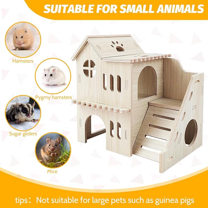 Hamster House with Slide, Double-Decker Hut, Guinea Pig Castle, Small Animal Habitat Decor