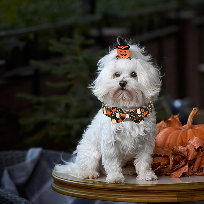 Halloween Dog Collar, Ghost Print Adjustable Pet Collar Fall Pumpkin Cute Cotton Soft Collars with Bow Tie Fall Metal Buckle Holiday Puppy Collars Boy&Girl Gift for Small Dogs