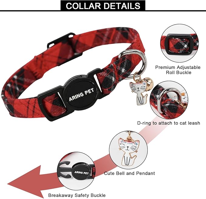 ARING PET 2 Pack Christmas Cat Collars-Cute Cat Collar Breakaway with Bell&Pendant, Adjustable Christmas Plaid Kitten Collars with Safety Buckle for Girl and Boy Cats