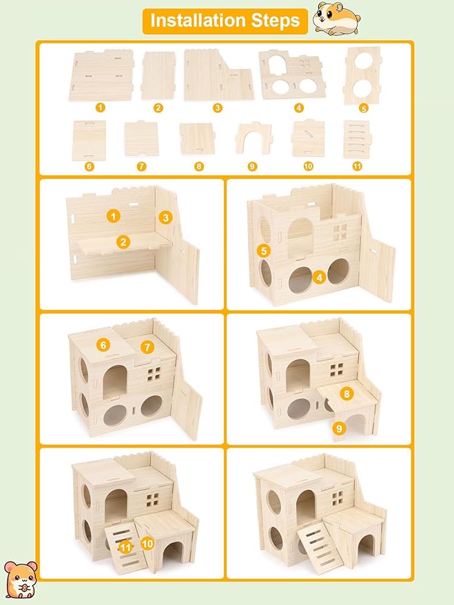 Wontee Dwarf Hamster Hideout Wooden House Maze Fun Slide Double-Decker Hut for Dwarf Hamsters Gerbils Mice or Similar Sized Pets