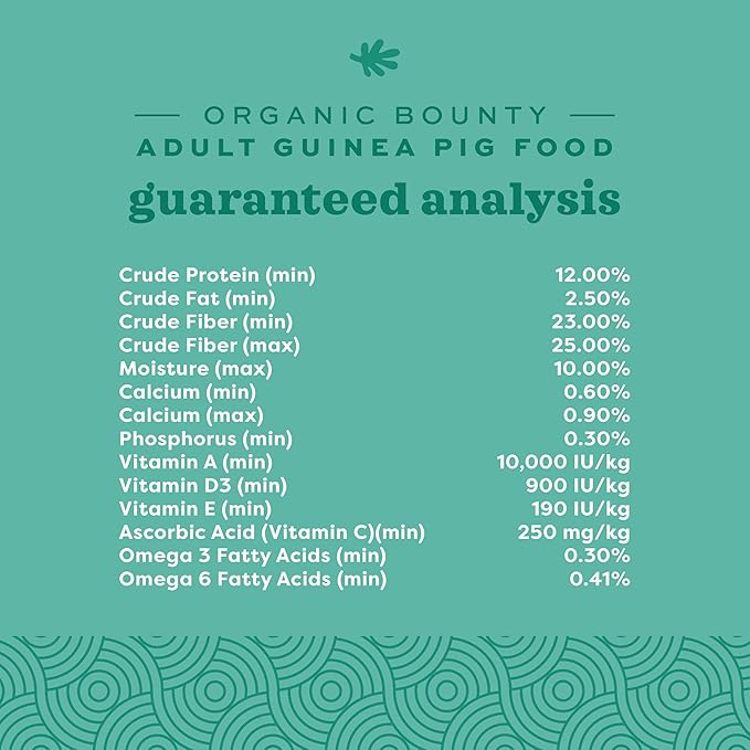 Oxbow Organic Bounty Adult Guinea Pig Food, Organic Guinea Pig Pellets Made with Timothy Hay, Stabilized Vitamin C, Small Animal Pet Products, Small Animal Food Made in USA, High Fiber, 3 lb. bag