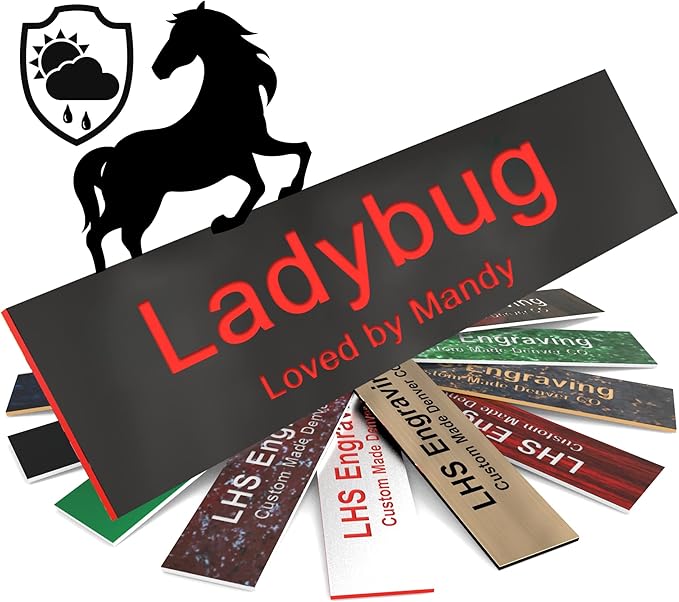 Horse Stall Name Plate, 2x12 Personalized Stall Signs, UV Protected, All Weather Adhesive, Hanging, Mounting or Other, Plastic with Red Letters - Made in USA - B19