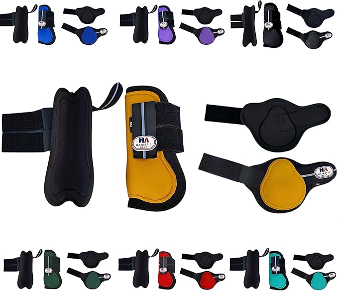 Majestic Ally Horse Leg Protection Fetlock and Tendon Boots Set, PU Shell, Neoprene Lining, Hook and Loop Closures, Multiple Colors and Sizes