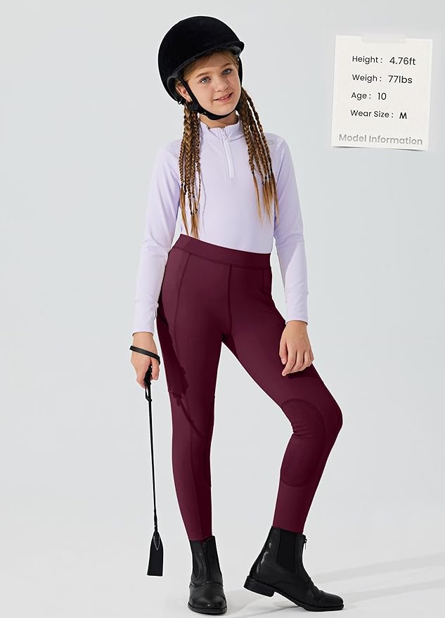 Willit Girls Horse Riding Pants Tights Kids Equestrian Breeches Knee-Patch Youth Schooling Tights Zipper Pockets