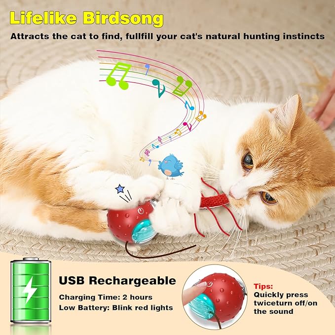 Interactive Cat Toys for Indoor Cats, Moving Cat Ball with Tail, Fast Rolling on Carpet, Chirping & Motion Activate