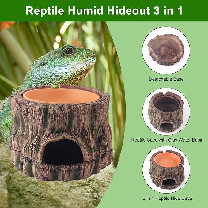 3 in 1 Reptile Hide Cave with Humidifying Basin & Detachable Base, Terrarium Tank Decor Moisture Keeping Hideout Cave for Small Reptiles Crested Gecko, Leopard Gecko, Lizard, Snake, Crabs