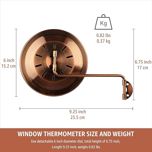6-Inch Outdoor Thermometer and Humidity Gauge, Window Thermometer for Outside Temperature and Humidity Monitor, Brass Analog Dial, Battery-Free for Patio, Garage, Greenhouse, Garden, Wall