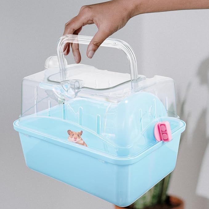 POPETPOP Portable Hamster Cage : Plastic Hamster Carrier with Water Bottle - Breathable Small Animal Carrier Cage for Gerbil Hedgehog, 8.84X6.68X6.48in (Blue)