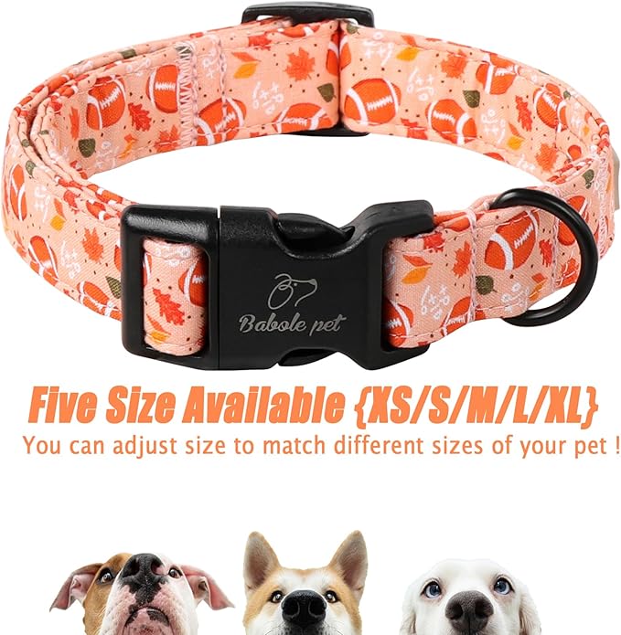 Fall Dog Collar, Cute Football Pattern Puppy Collar, Orange Adjustable Cotton Holiday Tanksgiving Dog Collars for Small Medium Large Boy&Girl Dogs S