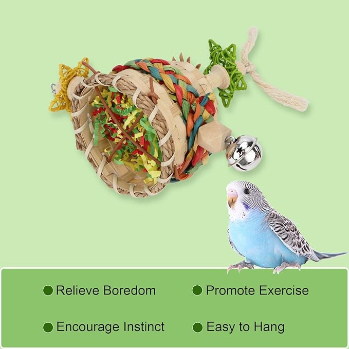Hypeety Bird Foraging Toys Natural Seagrass Woven Basket Parrot Foraging Chewing Toy with Bell Colourful Parakeet Hanging Toys for Cockatiel Sun Parakeet Budgie Lovebirds (1 pc Woven Basket)