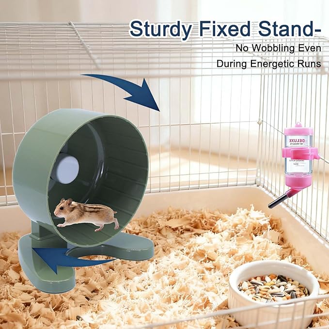 6.5" Super Silent Hamster Wheel with Stand & Water Bottle – Ultra Quiet Exercise Running Wheel for Gerbils, Syrian & Dwarf Hamsters, Chinchillas, Small Pets – Noiseless Spinning Design,Green