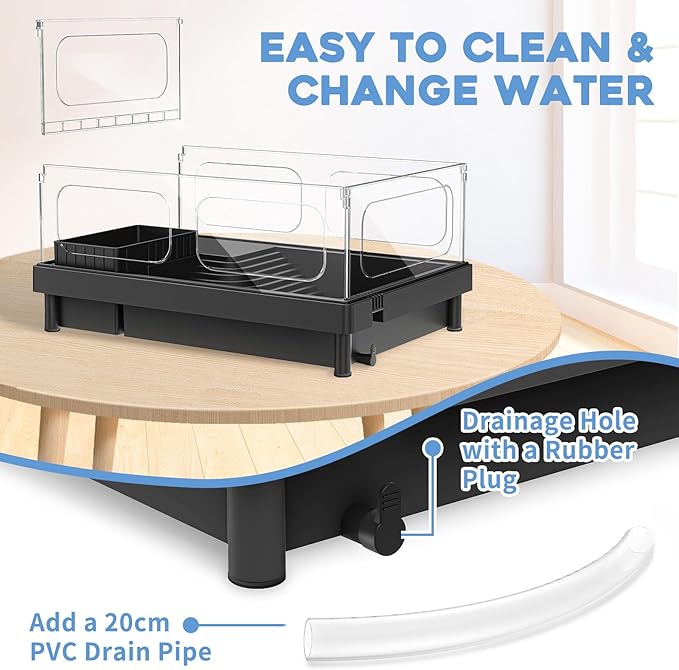 Small Turtle Tank Kit, Acrylic Turtle Tank Starter Kit with Basking Platform, Bottom Drainage, Multi-Function Areas for Turtles, Crabs, Crayfish, Small Reptiles (Black+White)