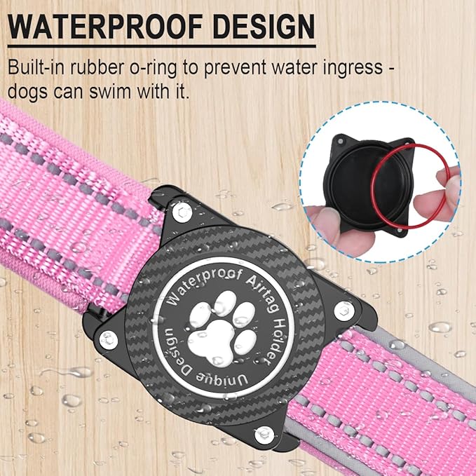 Airtag Dog Collar with Waterproof Air Tag Holder, Luminous Reflective, Soft Padded, Adjustable Nylon Pet Collar for Small Medium Large Heavy Duty Dogs,Pink, M