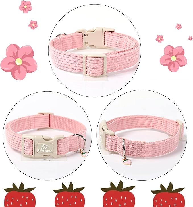Cute Corduroy Dog Collar - Pink Adjustable Dog Collars for Large Dogs 50-80lbs, Fade-Proof with Secure Snap & Little Charm, Christmas Birthday Gift, L