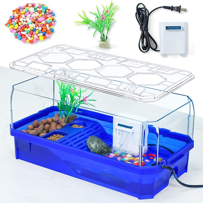 Turtle cage Tortoise Terrarium with Pump＆Filter with Shower Function Easy to Change Water and Clean Water for Turtle Horned Frog Hermit Crab (Blue, Medium)