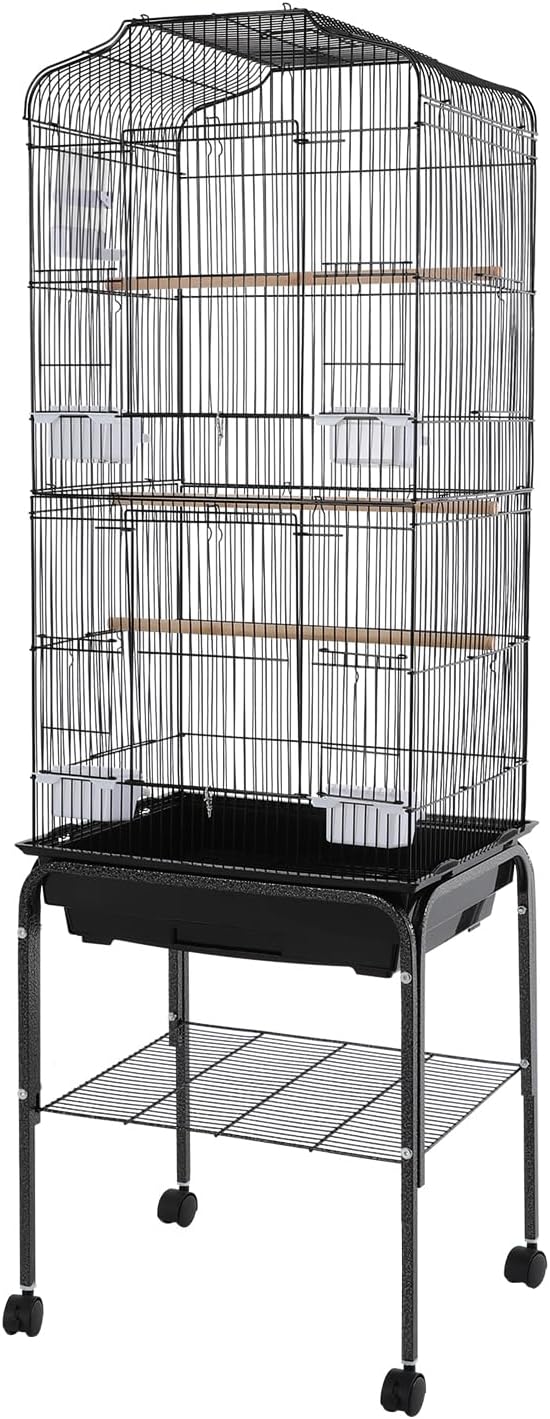 Freestanding Bird Cage Large Bird Cage with 4 Feeding Bowls & Waterer & 4 Universal Wheels & 2*Brake & Storage Rack & Slide-Out Tray & Mesh Panel Budgie Aviary for Balconies, in Homes, Shop（Black）