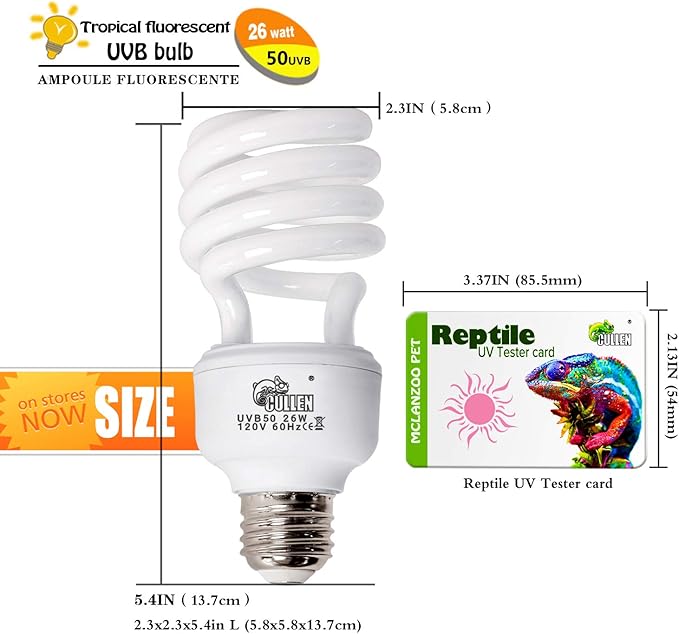 UVA UVB Light Reptile Bulb 10.0 26W Desert Reptile UVB Light Bulb for Bearded Dragon, Lizard, Tortoise, Snake, Gecko,Compact Fluorescent Terrarium Lamp with UV Tester Card