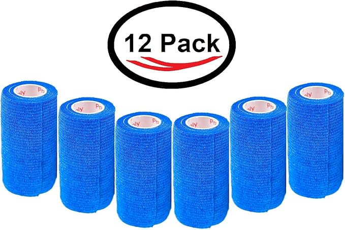 3 Inch Vet Wrap Tape Bulk (Blue) (Pack of 12) Self Adhesive Adherent Adhering Flex Bandage Grip Roll for Dog Cat Pet Horse