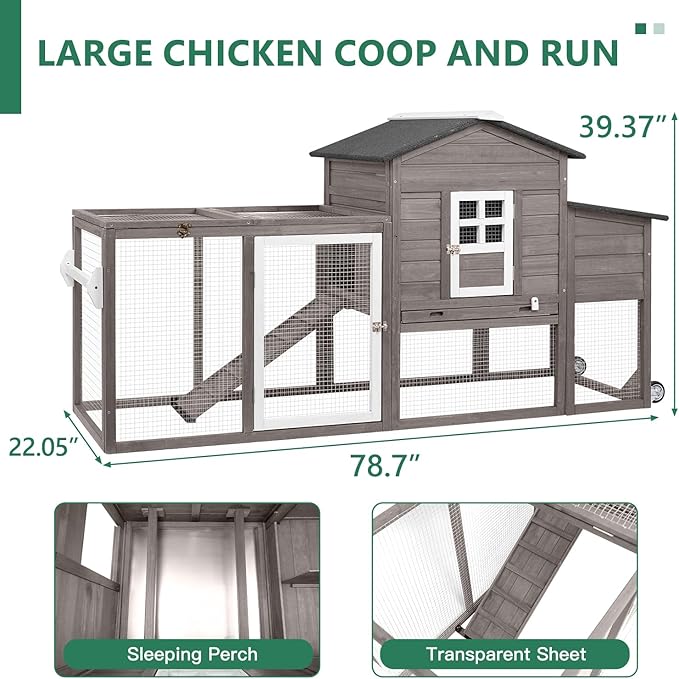 79" L Chicken Coop and Run, Large Chicken Hen House Indoor Outdoor with Wheels, Nesting Boxes, Removable Tray, Two Story Wooden Poultry Cage for Chickens Quails Small Animals(Grey)