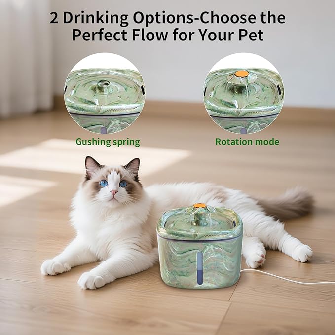 Cat Water Fountain,2.5L/84oz Cat Fountain for Drinking with Rotating Attractor & Camouflage Green Design – Automatic Pet Water Dispenser Bowl with 8-Pack Replaceable Filters