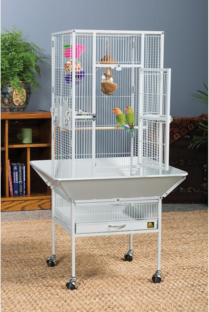 Mid-Century Marvel Bird Cage with Retro-Inspired Design, Durable Construction, Spacious Interior, and Elegant Finish for Stylish Pewter White