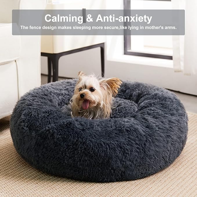 WNPETHOME Donut Dog Beds Large Sized Dog,Anti-Anxiety Caming Large Pet Bed,Fluffy Faux Fur Plush Puppy Bed，Warming Cozy Soft Round Bed for Pet, Cat Cuddler Cushion