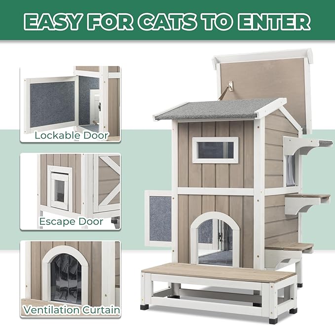 Insulated Cat House, Wood Two Story Outdoor Cat House Weatherproof with Cat Scratching Cloth, 4 Doors, Balcony, Jumping Platforms, Outside Clawsable Feral Cats Shelter for Small Animals, Grey