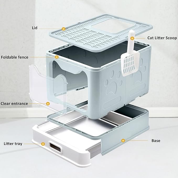 Enclosed Cat Litter Box with Lid Top Exit Covered Metal Stainless Steel Litter Box Leak Proof & Odorless Easy to Clean Including Cat Litter Scoop and Litter Mat