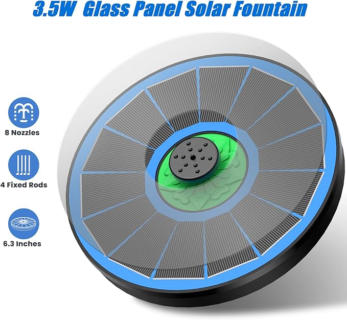 Yzert Solar Fountain Full Glass Panel No Battery, 3.5W Solar Bird Bath Fountains with 4 Fixed Rods & 7 Nozzles, Solar Fountain Pump for Bird Bath, Garden, Pond, Pool, Patio,Hummingbird