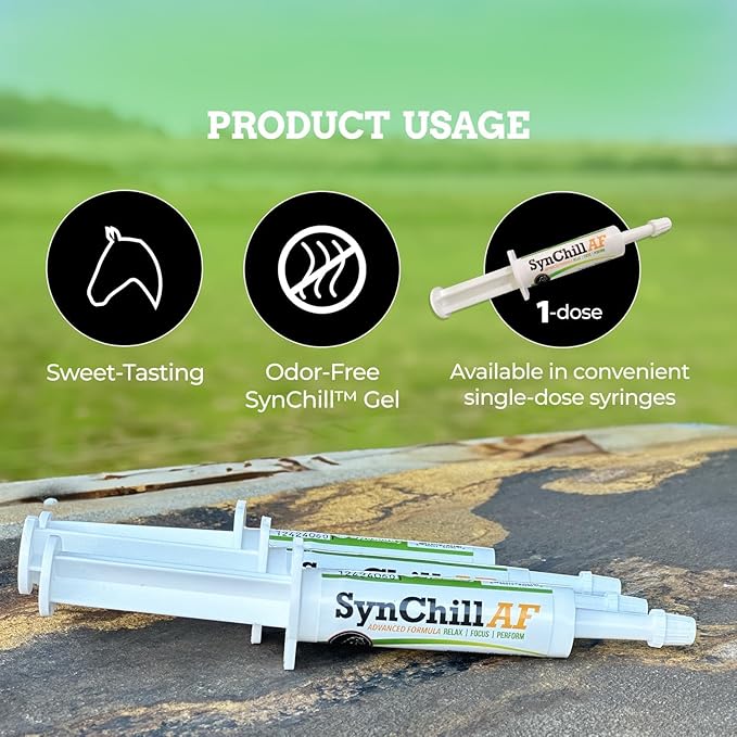 SynChill AF Calming Gel for Nervous Horses - Single Serving - Advanced Formula with L-Theanine, Increased Potency, 100% Natural Supplement, Disposition & Confidence Support for Horses - 3 Pack