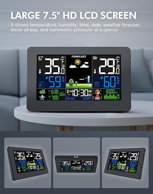 Weather Station Wireless Indoor Outdoor Thermometer, Digital Thermometer with Remote Sensor, Large Display Home Weather Stations with Weather Forecast, Atomic Clock, Barometric Pressure, Moon Phase