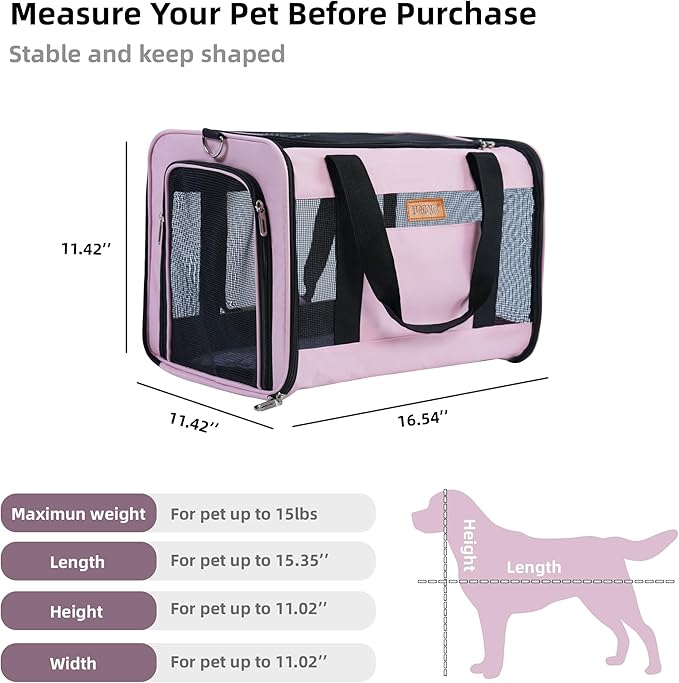 YUNIQUE Soft-Sided Cat & Dog Carrier for Pets Up to 15 Lbs, Airline Approved Collapsible Travel Puppy Carrier with Lightweight Fabric Design (Pink)
