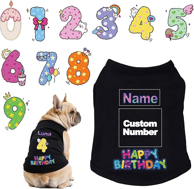 Custom Dog Birthday Shirt,Personalized Pet Apparel Print with Name Age Number,Pet Birthday Outfit,Lightweight Breathable Cotton Vest for Small Medium Large Dogs Cat (Black, Large)