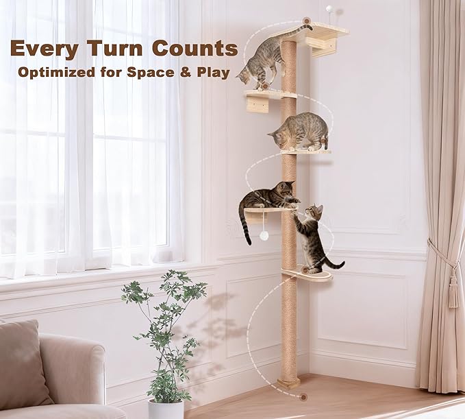 Wild Simulation Cat Tree for Kittens, 5-Level Floor to Ceiling Cat Wall Shelves with Sisal Mat Platforms, Suit for Kitten cat