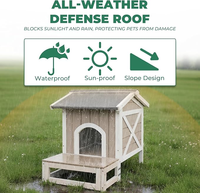 Small Outdoor Cat House Weatherproof, Wooden Cat House with Openable Roof, 2 Doors, Balcony, Outside Indoor Pet Feral Cats Houses Shelter with Elevated Feet for Small Animals, Grey
