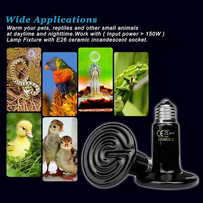 DOMICA Reptile Heat Bulb 50 Watt 2PC, Ceramic Heat Emitter Heat Up Fast, E26 No Light Night Use Heating Bulbs for Beared Dragon, Turtle, Lizard, Snake, Pet Brooder Coop Chicken (50W-Small Tank)