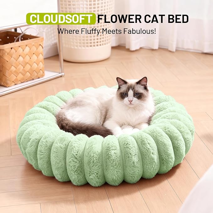 Cloudsoft Flower Cat Bed and Dog Bed, Washable Plush Pet Bed with Non-Slip Water-Resistant Bottom, Faux Furfor Cats & Small Dogs Up to 22 lbs, 22.8"x22.8" (Green)