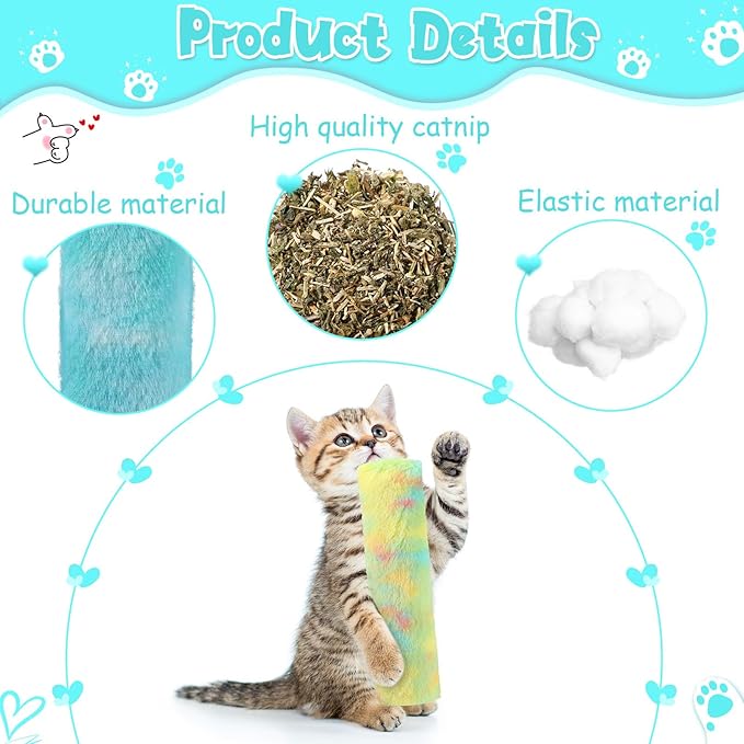 Civaner 6 Pcs Cat Catnip Toys for Indoor Cat 10.6 Inch Kitten Kicker Stick Catnip Toy with Crinkle Sound Inside Interactive Soft Plush Kitten Pillow Chew Exercise(Fresh, Yellow, Mint Green, Blue)