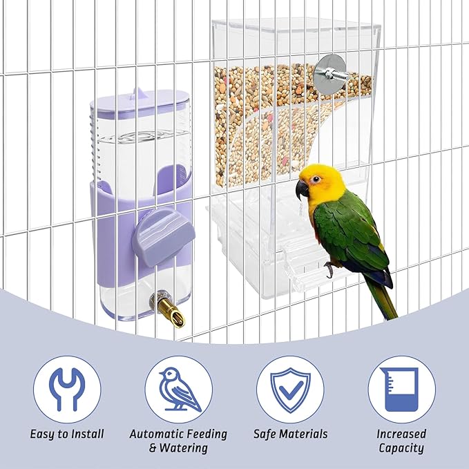 PINVNBY No Mess Bird Feeder & Water Dispenser Set Automatic Parrot Feeder Transparent Food Container Drinker Parakeet Cage Accessories for Cockatiel Budgie Lovebird Finch (Purple)