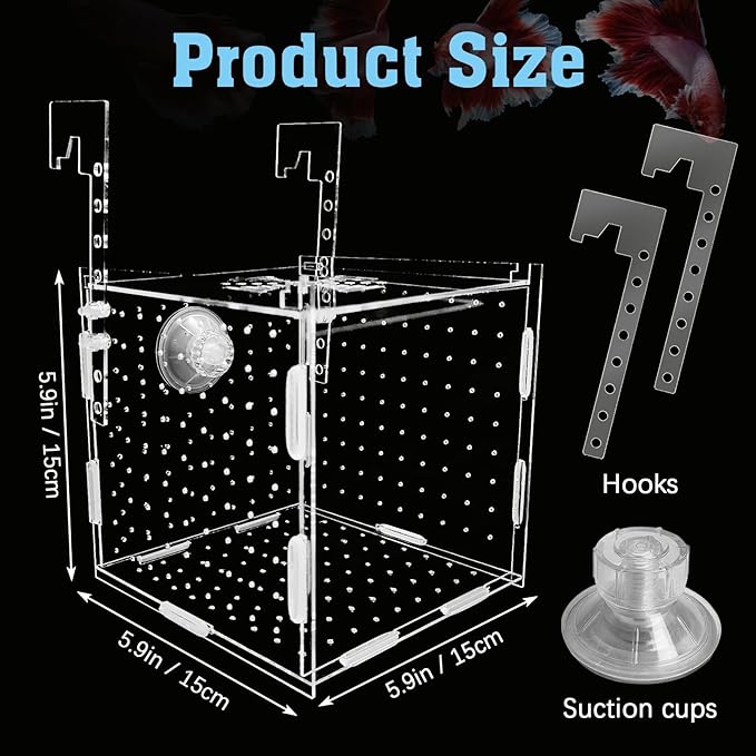 Hamiledyi Acrylic Breeding Isolation Box - Transparent Aquarium Hatchery for Guppy/Shrimp/Small Fish, Safe Nursery Tank with Air Tube & Suction Cups(5.9" × 5.9" × 5.9")