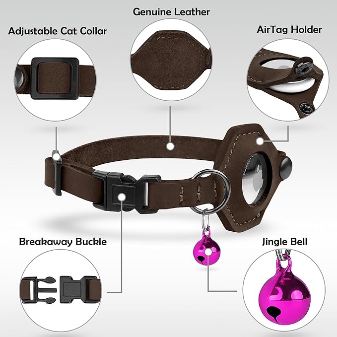 Breakaway Airtag Cat Collar with Removable Bell - Leather Pet Collar with Apple Air Tag Holder - Adjustable GPS Collars for Girl Boy Cats Kitten Puppy - Lightweight, Cute and Comfortable (Chocolate)