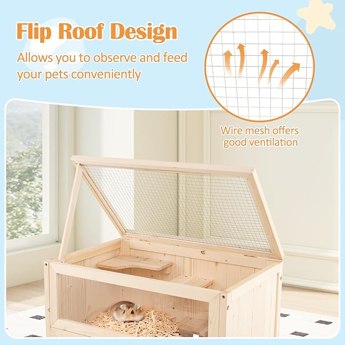 PETSITE 31.5 Inches Freestanding Wooden Hamster Cage, Chew-Proof 2-Layer Hamster House with Full Transparent Viewing, Flip-Top Roof, and Storage Shelf, Ideal for Dwarf Hamster and Gerbils