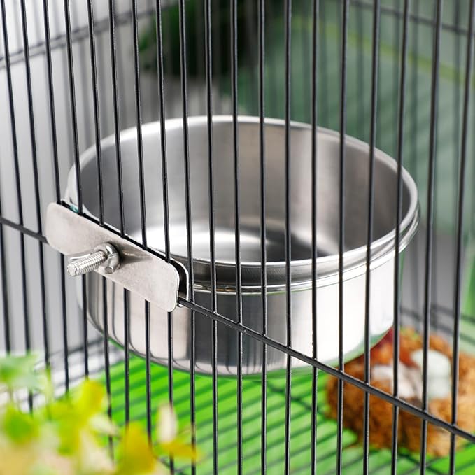 Aoriher 4 Pack Large Bird Feeding Dish Cups 30 oz Stainless Steel Parrot Feeders Food Water Cage Bowls with Clamp Holder for Cockatiel Conure Budgies Parakeet Macaw Small Dog Cat Animal