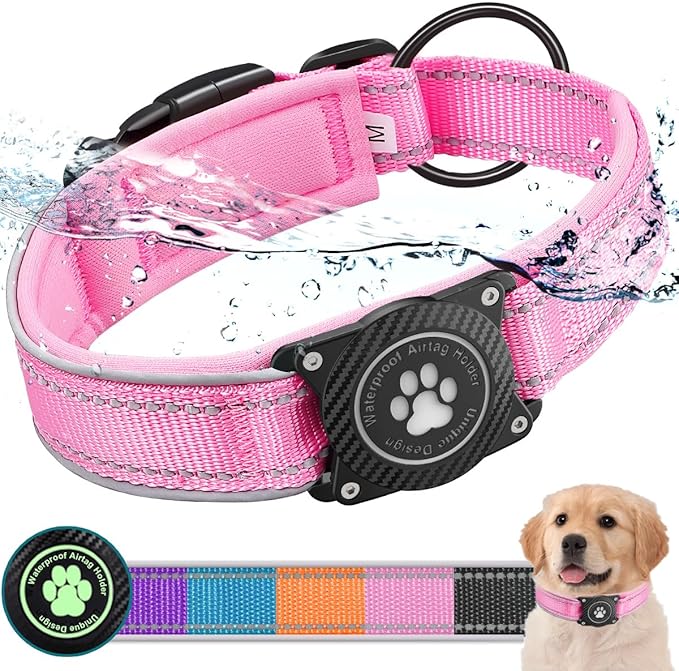 Airtag Dog Collar with Waterproof Air Tag Holder, Luminous Reflective, Soft Padded, Adjustable Nylon Pet Collar for Small Medium Large Heavy Duty Dogs,Pink, M
