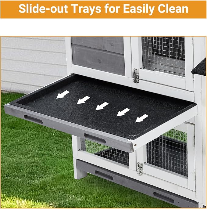 63 in Bunny Hutch Indoor Bunny Cage, with 3 Leak-Proof Removable Trays, Wooden Waterproof Roof Rabbit Hutch Indoor/Outdoor, 2-Tier Bunny House/Chicken Coop, Gray and Black