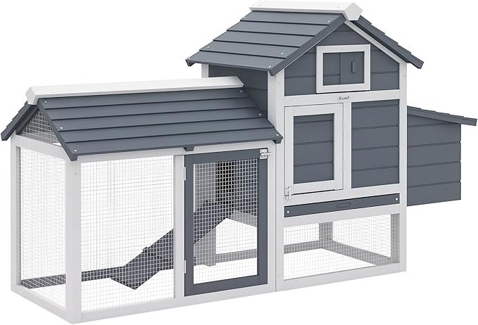 PawHut 59" Small Wooden Chicken Coop Hen House Poultry Cage for Outdoor Backyard with 2 Doors, Nesting Box and Removable Tray, White